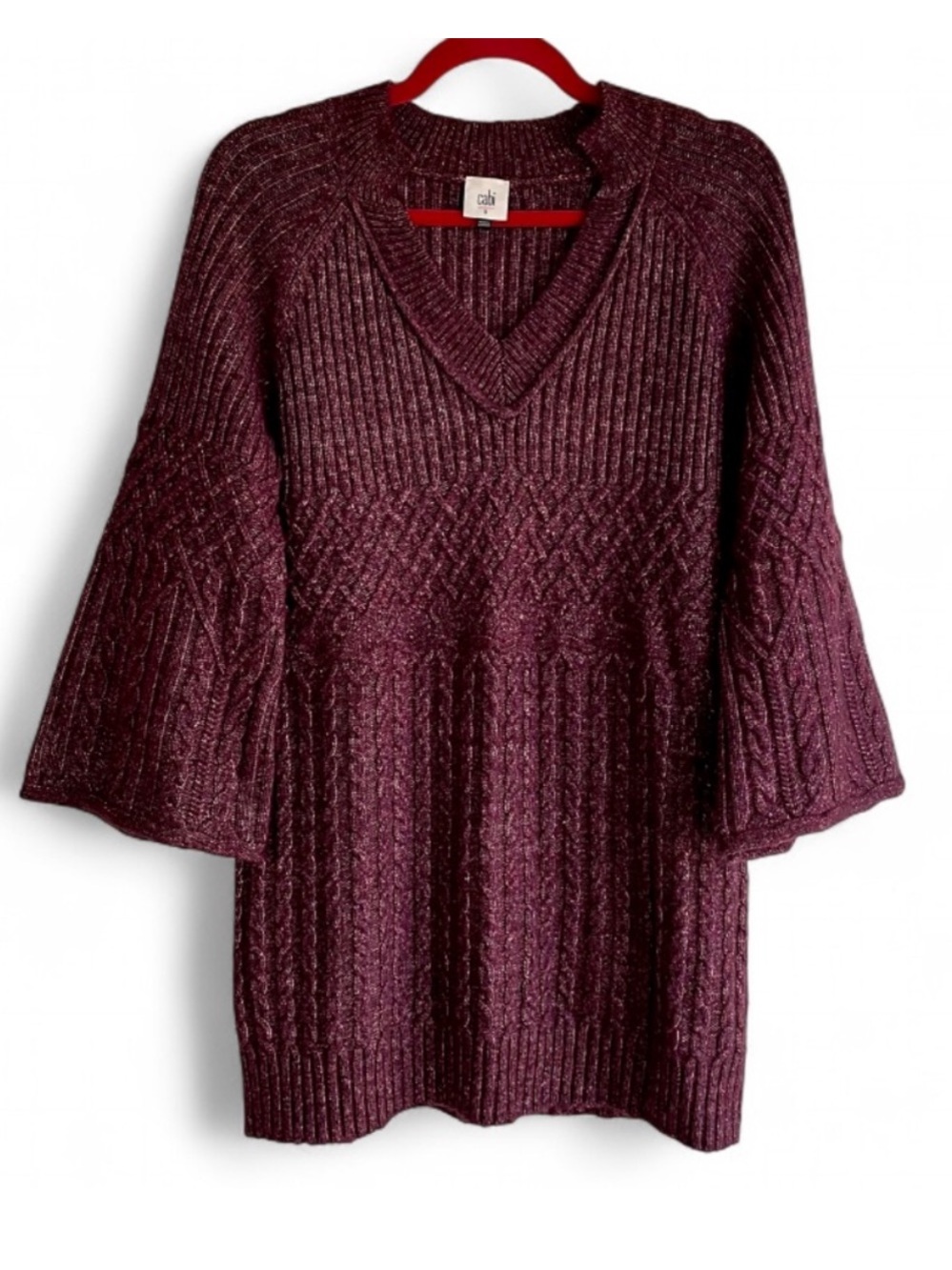 CAbi #4066 Chime Burgundy V Neck Cabled Pullover Sweater Size S